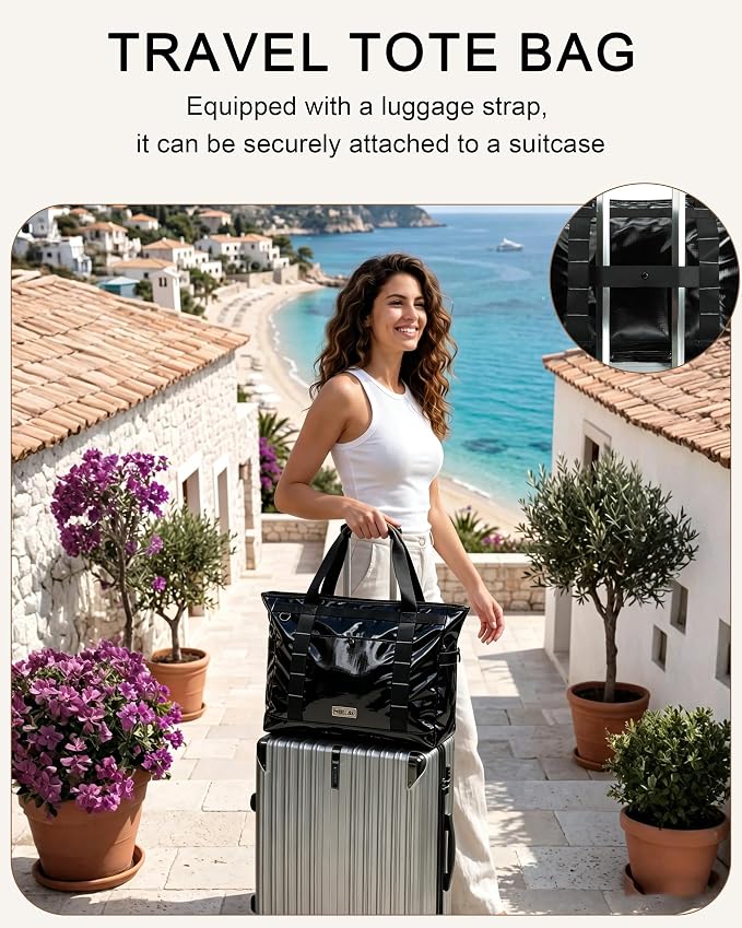 FHELAD Extra Large Glossy Tote Bag for Women, Beach Shoulder Bag 25L | Waterproof Sandproof, 15.6" Laptop Compartment, Luggage Strap, Work, Travel - Image 5