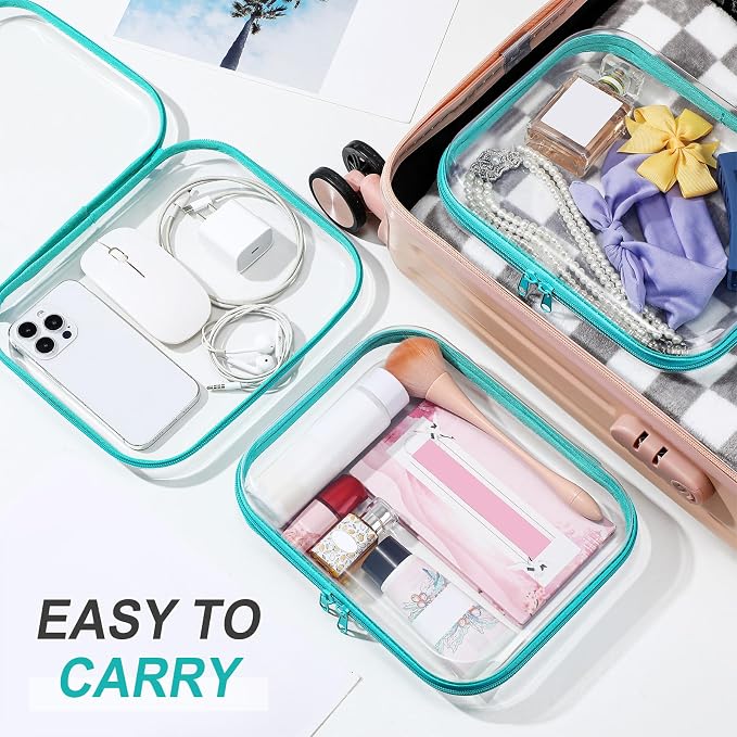 Sanwuta 6 Clear Hard Zipper Case,Teal,9.84 X 7.87 X 2 Inch | Pencil Case Pouches ,Makeup Bag,Plastic Toiletry Diaper Bag ,Travel Toy Storage,Waterproof Organizer Bins - Image 6