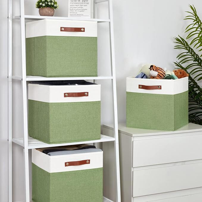 Temary 13 Inch Cube Storage Bin 4 Pack Fabric Storage Cubes Fabric Storage Bin for Shelf, Cube Storage Basket with Leather Handles(White&Green) - Image 5