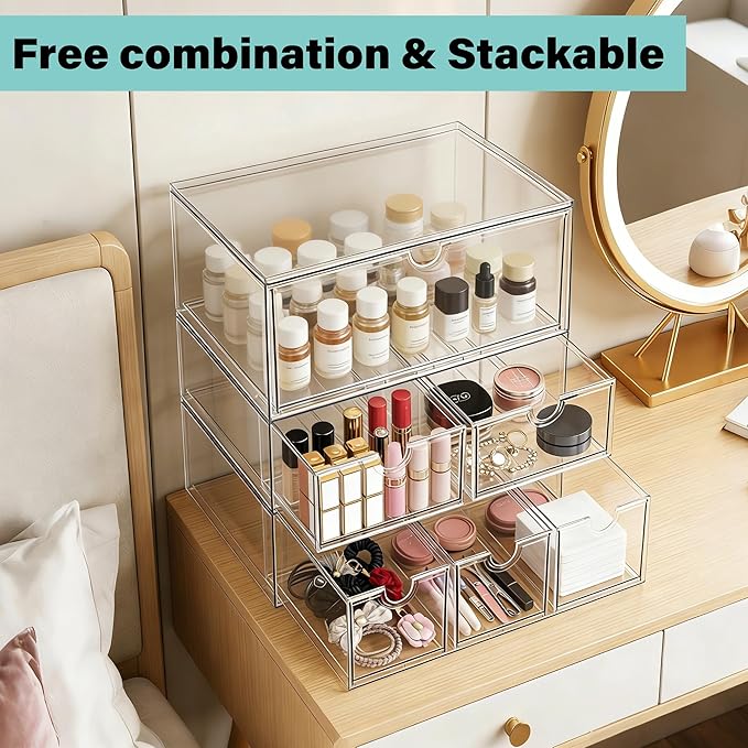 Prsildan Stackable Clear Makeup Organizer Acrylic Storage Drawers with 2 Drawers for Vanity Bathroom Office Desk Modular Drawer System for Cosmetics Jewelry Toiletries Home Organization - Image 5