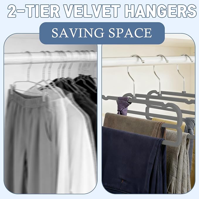 VSV stoage Velvet Pants Hangers with Double Non Slip Bar - Multiple Velvet Hangers for Closet - Thin Space Saving Clothes Hanger - 360° Swivel Felt Trouser Hanger Perchas Terciopelo 10 Pack (Grey) - Image 5
