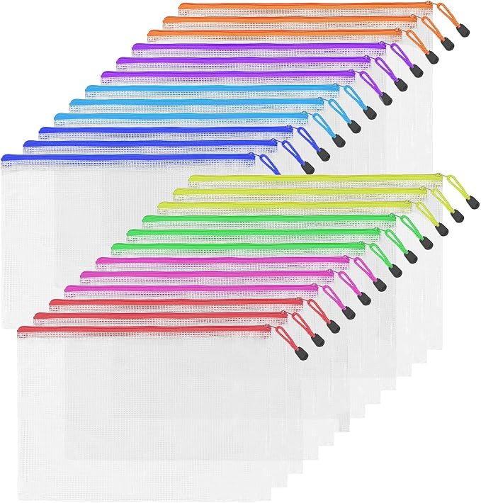 24pcs A4 Mesh Zipper Pouch Bags, Mesh Bags with Zipper Bulk, Pouches for Organization, Clear Storage Bags for Classroom, Travel, Office by UMETDO