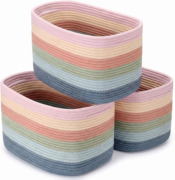 FoldTier 3 Pack Boho Storage Bins Cute Large Teacher Woven Baskets Storage Return to School Treasure Box for Kid Daycare Elementary Preschool Book Closet Shelf Nursery Decor 15 x 9 x 10 Inches by FoldTier
