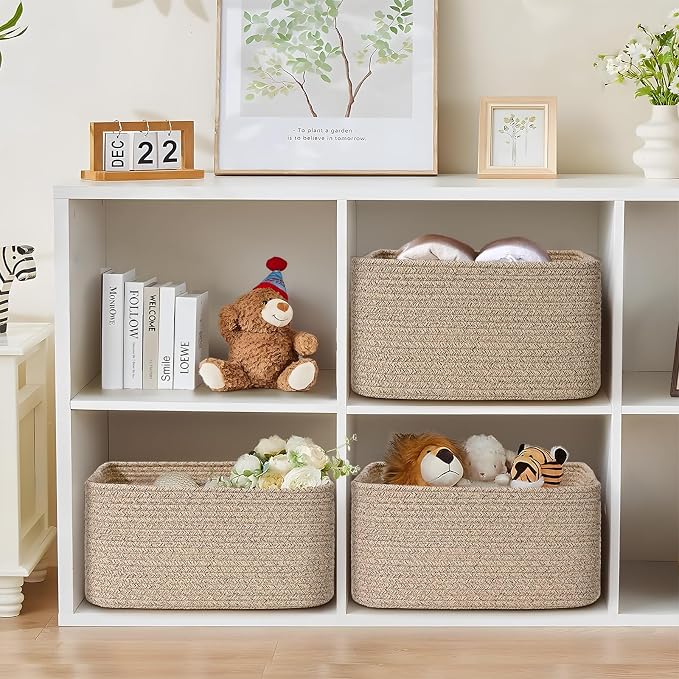 2 Pack Large Storage Basket for Organizing, 17.5"x13"x7" Woven Basket for Shelves, Closet Cube Storage Bins with Wrapped Handle, Cotton Rope Baskets for Kitchen, Clothes, Toys (Natural) - Image 3