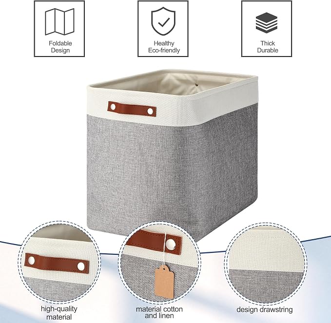 Uiifan 10 Pcs Collapsible Storage Bins Fabric Foldable Storage Basket with Handles Cloth Organizer Linen Shelf Baskets for Shelves Home Closet Nursery Toys(17 x 15 x 12 Inch,Gray and White) - Image 6
