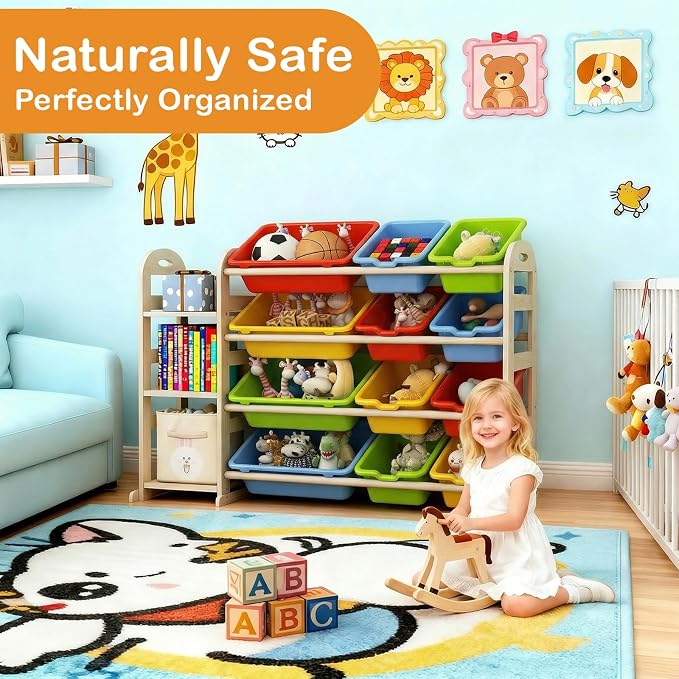 Toy Storage Organizer with Bookshelf, Wooden Toy Organizers with 3 Shelves 12 Storage Bins, Kids Bin Shelf Toys Box Bookcase for Playroom Bedroom Organization, Multi Color - Image 3
