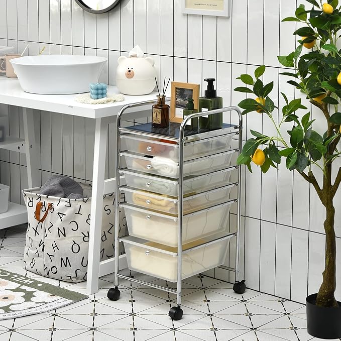 Giantex 6 Storage Drawer Cart Rolling Organizer Cart for Tools Scrapbook Paper Home Office School Multipurpose Mobile Utility Cart (Clear White) - Image 8