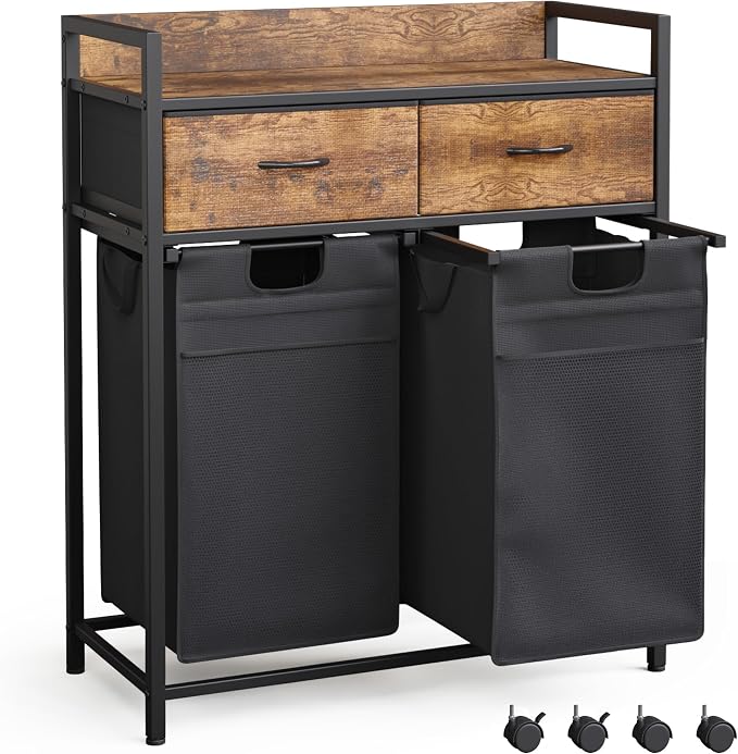 Mondeer 100L Laundry Sorter 3 Section with 3 Bags 4 Wheels 2 Drawers | 50L x 2 Pull-Out Laundry Hamper Baskets Removable for Laundry Room Bathroom by Mondeer
