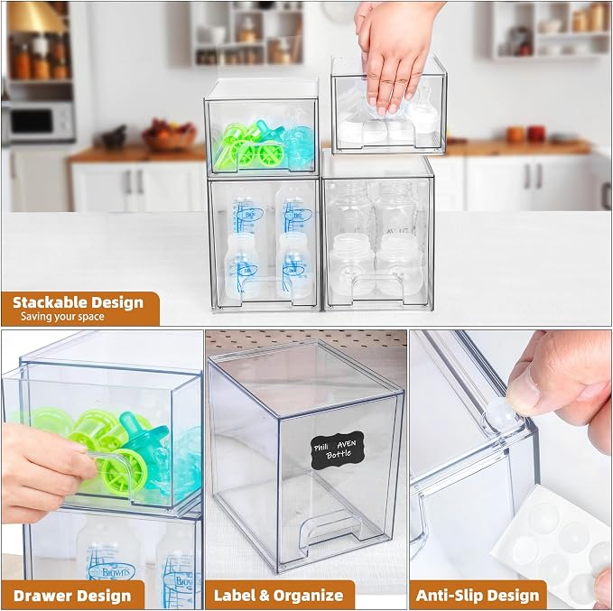 Baby Bottle Organizer, Stackable Storage Drawers with Label, Clear Station Organizers Container for Pacifiers, Pump Parts, Desk Organizer Bins for Bathroom, Cabinet, Pantry, Vanity, Countertop, 4 Pack - Image 7