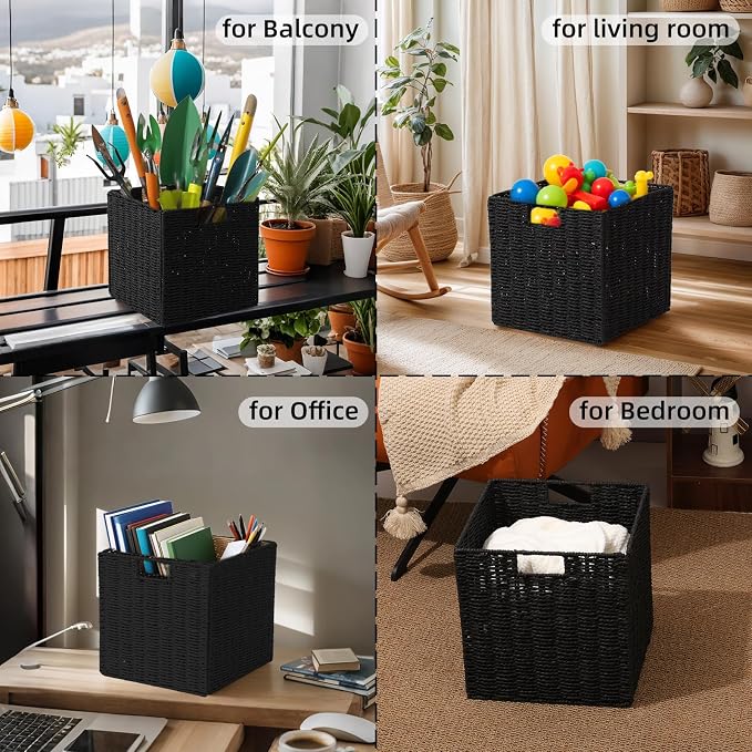Set of 2 Hand-Woven Paper Rope Wicker Baskets,12x12x12in Storage Basket, Foldable Cube Storage Bins, Black Storage Cubes, Square Baskets for Organizing Shelves Decor - Image 6