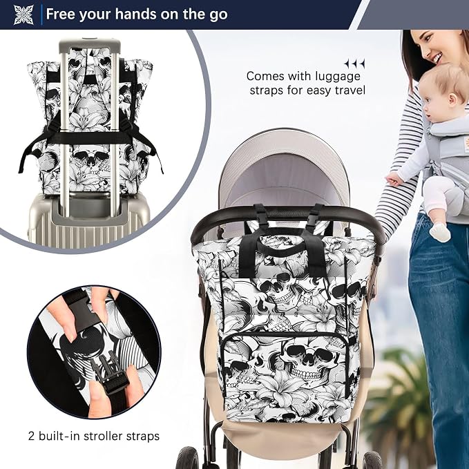 MNSRUU Diaper Bag Goth Skull White Diaper Bag Backpack Multifunction Travel Diaper Bag Tote Large Capacity Diaper Changing Backpacks for Moms Dads - Image 4