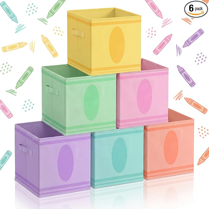 Glooglitter 6 Pack 11 Inch Crayon Fabric Storage Cube with Handles Pastel Collapsible Bin Classroom Must Have Foldable Colorful Closet Bin Basket for Nursery Classroom School Playroom Shelves by Glooglitter