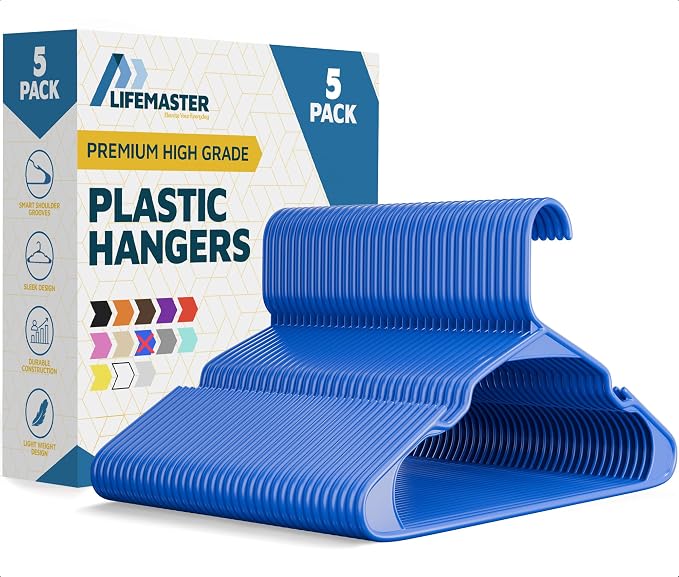 Lifemaster Plastic Clothes Hangers – Heavy Duty Hanger Set, for Organizing Clothes, Dresses, and Coat, Holds Up to 5 lbs, Space-Saving Hangers with Non-Slip Shoulder Grooves, Pack of 5, Blue by LIFEMASTER