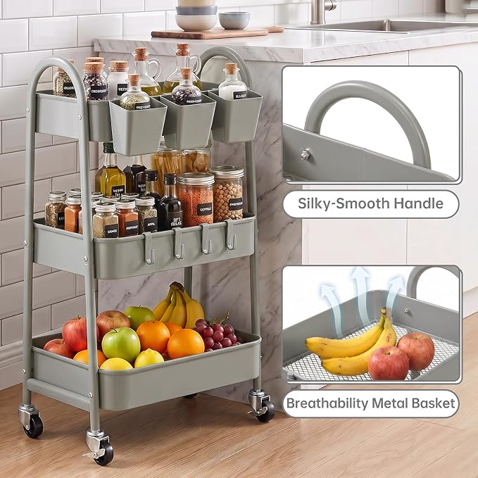 danpinera 3-Tier Rolling Cart, Metal Rolling Storage Cart with Lockable Wheels & Hanging Cups & Hooks, Mobile Trolley Cart for Kitchen, Bathroom, Office, Workshop, Gray - Image 4
