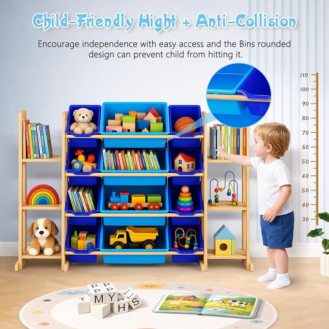 Kids Toy Storage Organizer with Bookshelf – Wooden Shelf with 12 Bins & 6 Shelves, Quick Assembly Storage Rack for Playroom, Bedroom, Nursery– Blue - Image 4