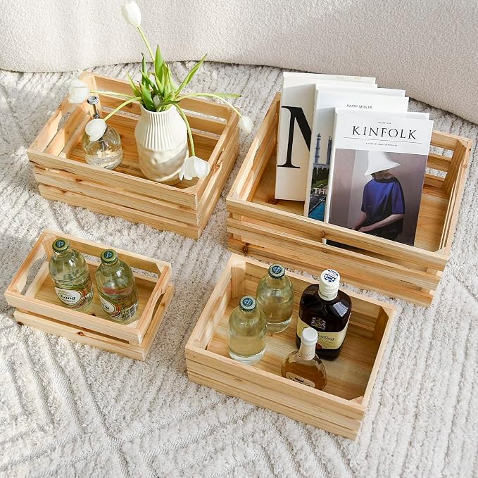 Set of 4 Large Wooden Crates Unfinished Office Storage Crates, Decorative Wood Storage Crates for Display, Rustic Pine Wood Organizer Bin Basket for Kitchen Pantry Bathroom - Image 3