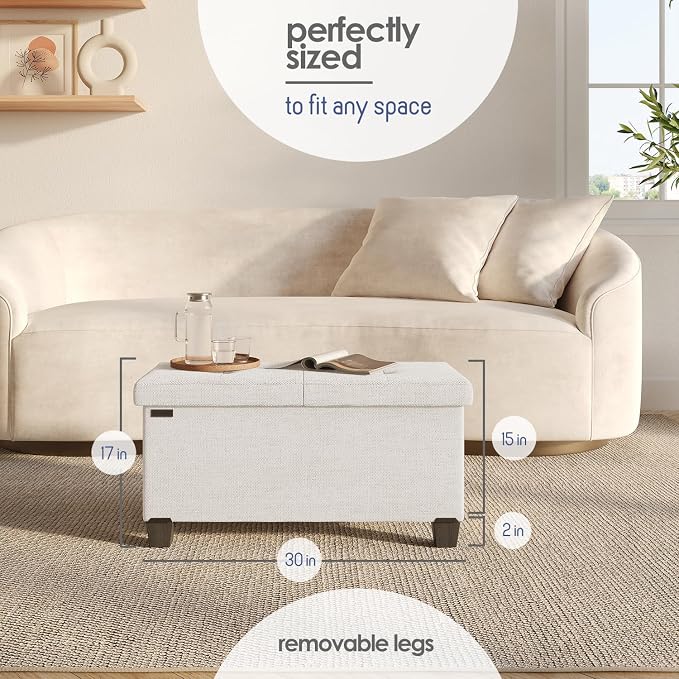 Storage Ottoman Bench with Bins, 30-in Storage Bench for Bedroom End of Bed, Folding Foot Rest Ottoman for Living Room Max 660lbs, Fabric Ottomans, Beige - Image 8