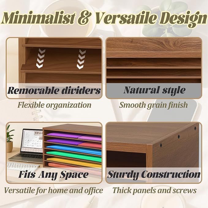 Construction Paper Organizer 20" x 13.5" x12.2",Soild Wooden Paper Organizer with 6-Tier Letter Trays, Desktop File Papers Sorter for Home, Classroom and Office (Walnut) - Image 3