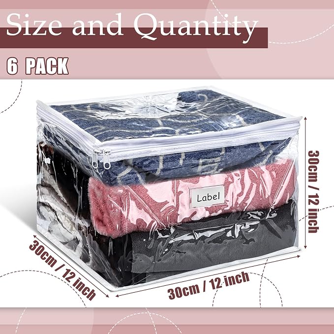 6pcs Clear Zippered Storage Bag Plastic Individual Sweater Storage Bag with Zipper Label Closet Clothing Organizer for Blanket Clothes Bed Sheet Comforter Quilt Pillow(12 x 12 x 12 Inch) - Image 3