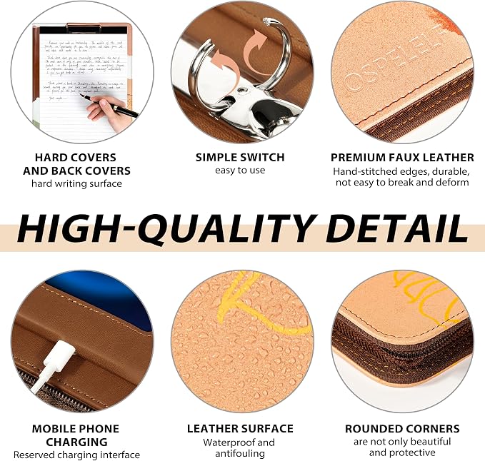 Ospelelf Leather Clipboard with Storage, Zippered Padfolio Portfolio Organizer, 3 Ring Binder 1 Inch, Notepad, Tablet Sleeve, 5 Dividers with Pocket for Office, Students, Teachers Abstract Brown - Image 5