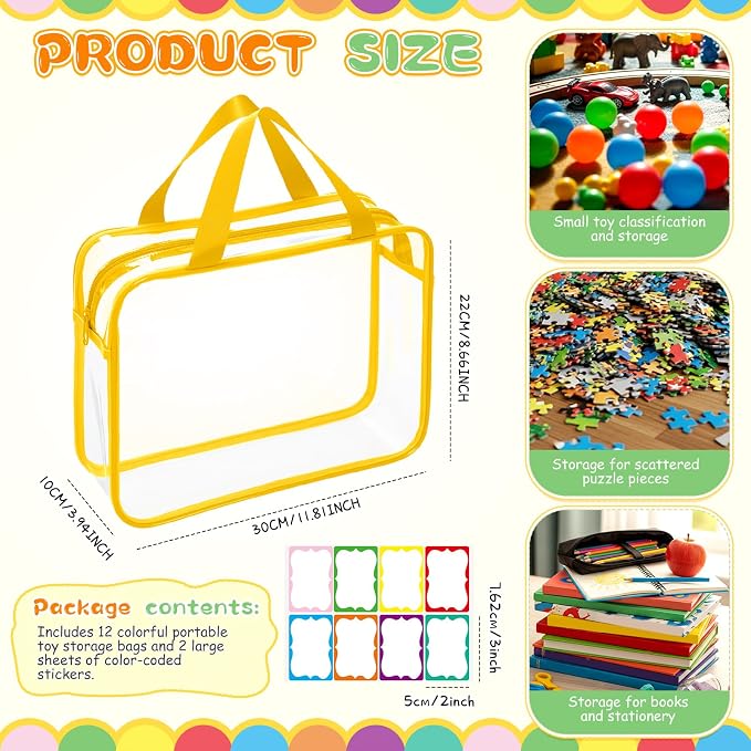 Shinylin 12 Packs Large Toy Storage Bags with Labels Clear PVC Toy Organizer with Zipper Colorful Classroom Storage Reusable Waterproof Organizer for Playroom School Blocks Game (Fresh Color) - Image 2