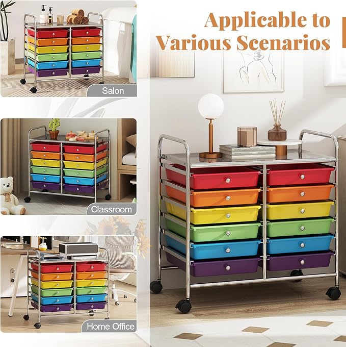 RELAX4LIFE 12-Drawer Rolling Storage Cart Mobile Craft Organizer Colorful | 24.5" Size, 4 Rolling Casters, Metal Frame, For School Teacher Office Salon Art File Supplies - Image 7