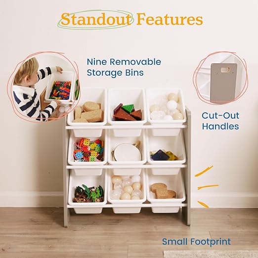 ECR4Kids 3-Tier Organizer with 9 Removable Plastic Bins, 3x3, Toy Storage, Grey/White | Durable plastic bins, MDF panels, steel frame, GREENGUARD Gold Certified, 27 lb capacity, anti-tip kit, playroom/classroom - Image 6
