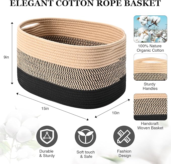 Cotton Rope Storage Baskets for Organizing 1Pack 15"x10"x9" Woven Baskets for Storage,Shelf Baskets Cube Storage Bins Towel Baskets for Bathroom,Toys Baskets Nursery Basket Laundry Baskets(Black/Brown) - Image 2