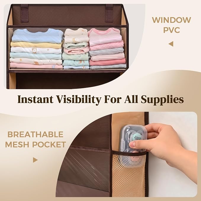 6-in-1 Over Door Hanging Organizer with 12 Mesh Pockets, 44 lbs Capacity, Light Brown – Versatile Behind Door Storage for Baby Nursery, Newborn Essentials, Bedroom, Bathroom & Dorm - Image 4