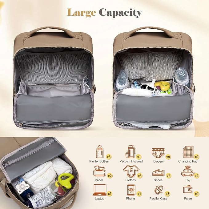 Diaper Bag with Changing Station Large Diaper Backpack Baby Bag | 15 Pocket,Changing Pad,2 Insulated Pockets,Stroller Straps,Lightweight Waterproof Laptop Yoga Backpack,Brown - Image 6