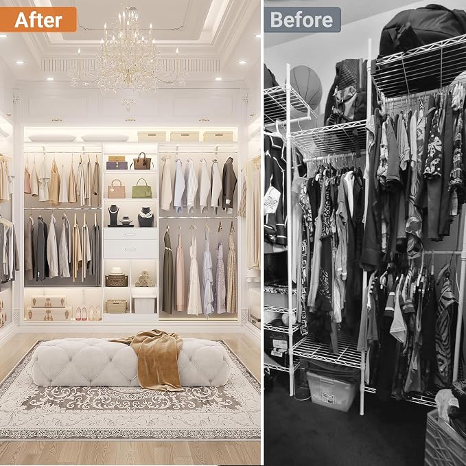 Besiost Closet System - 8FT Closet Organizer System with Wooden Drawers, 96" Closet Systems for Walk-In Closets with Cuttable Hanging Shelving, White - Image 7
