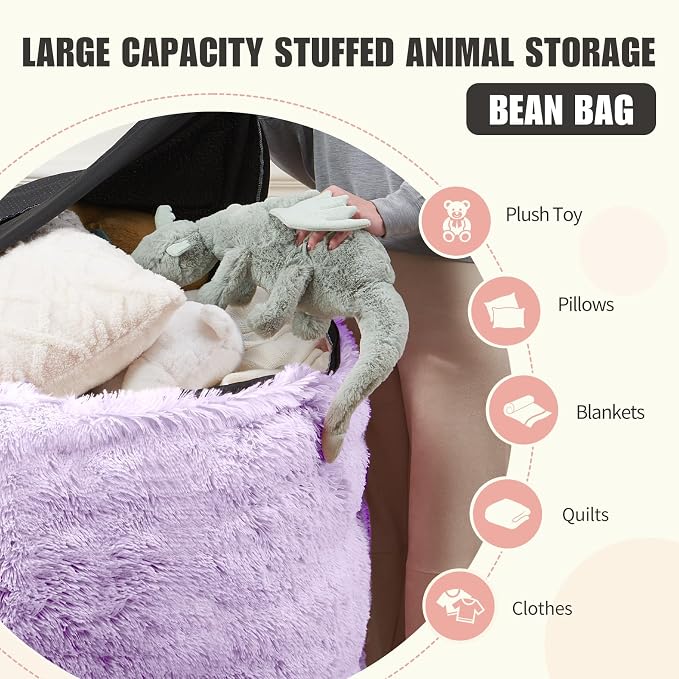 5FT Bean Bag Cover for Stuffed Animals Machine Washable, Gaming Bean Bag Chairs for Adults Teens Girls, Lovely Cute Bean Bag Storage Stuffed Animal, Purple - Image 3