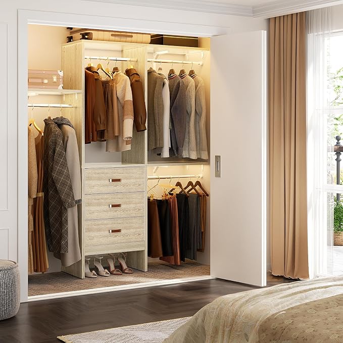 5FT Small Closet System with 3 Fabric Drawers, 60'' Walk In Closet Organizer System With 3 Adjustable Shelves, Heavy Duty Clothes Rack Built-In Garment Rack, 59" L x 16" W x 71"H, White Oak - Image 2