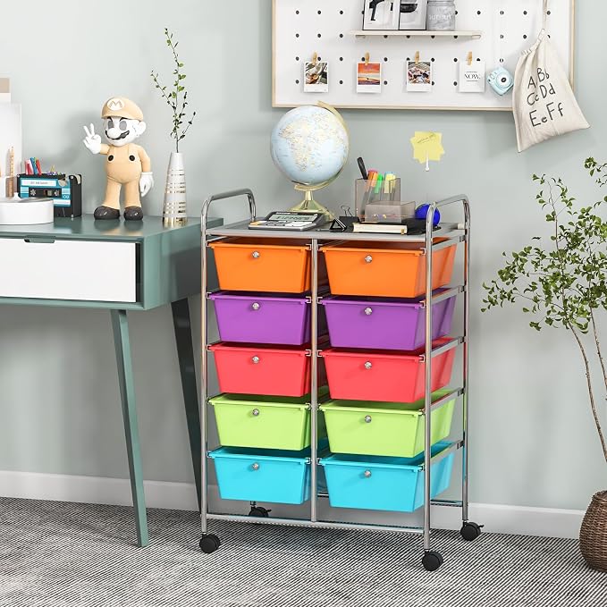 COSTWAY 10 Drawer Rolling Storage Cart, Utility Cart with Lockable Wheels | Mobile Art Supply Craft Organizer with Metal Frame, Multipurpose Drawer Cart for Paper for Office, School, Multi-color - Image 8