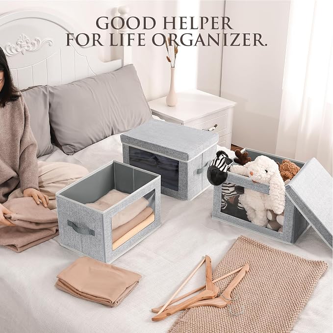 Storage Baskets with Lids, 4 Pack Large Box Organizer with Window, Fabric Storage Cubes Bins for Closet, Collapsible Organizer Bins for Bedroom, Living Room, Dorm, Blended - Image 4