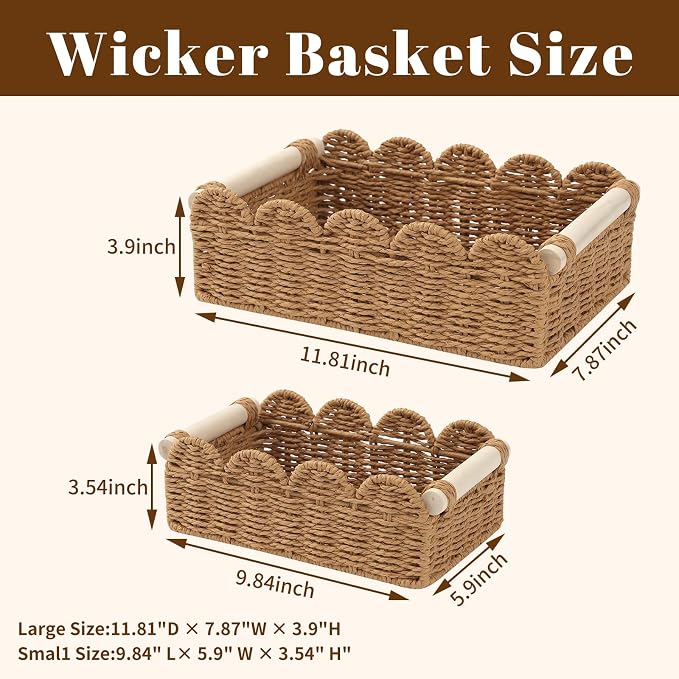Wicker Storage Baskets, Scalloped Shelf Baskets, 2-Pack | 2 scalloped wicker baskets in large and small sizes; decorative shelf organizers with handles for bathroom and home storage. - Image 2