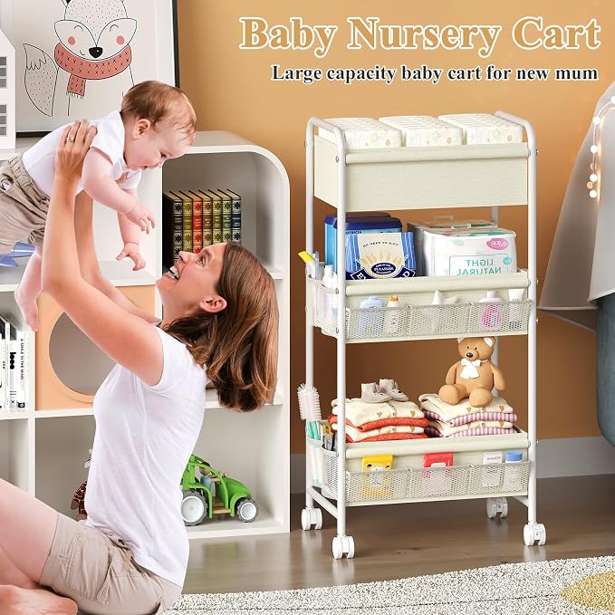 3-Tier Baby Diaper Caddy Cart Organizer,Mobile Nursery Storage Carts with Wheels,With 2 Dividers&14 Mesh Pockets Durable Metal Utility Cart for Nursery, Bedroom, Bathroom, Baby Essentials Organization - Image 3