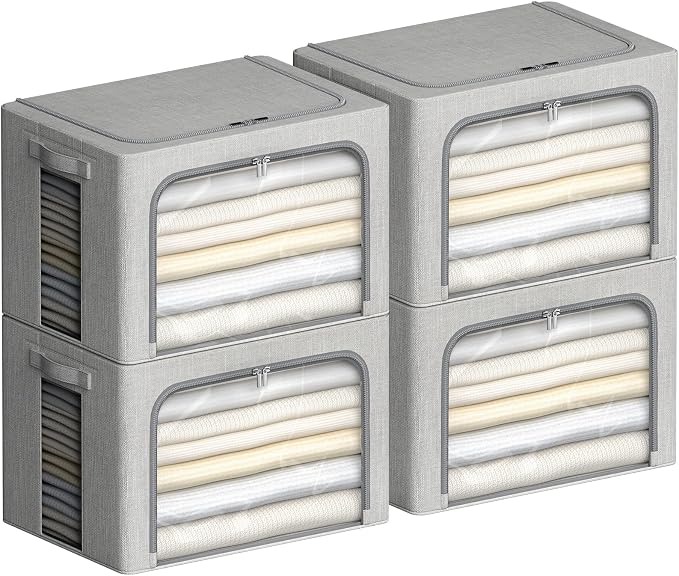 CYhom 4 Pack Clothes Storage Bins with Metal Frame - Linen Fabric Foldable Stackable Container Organizer Set with Clear Window & Carry Handles & Zippers (Light Grey, 23.6"x16.5"x15.7") - Image 9