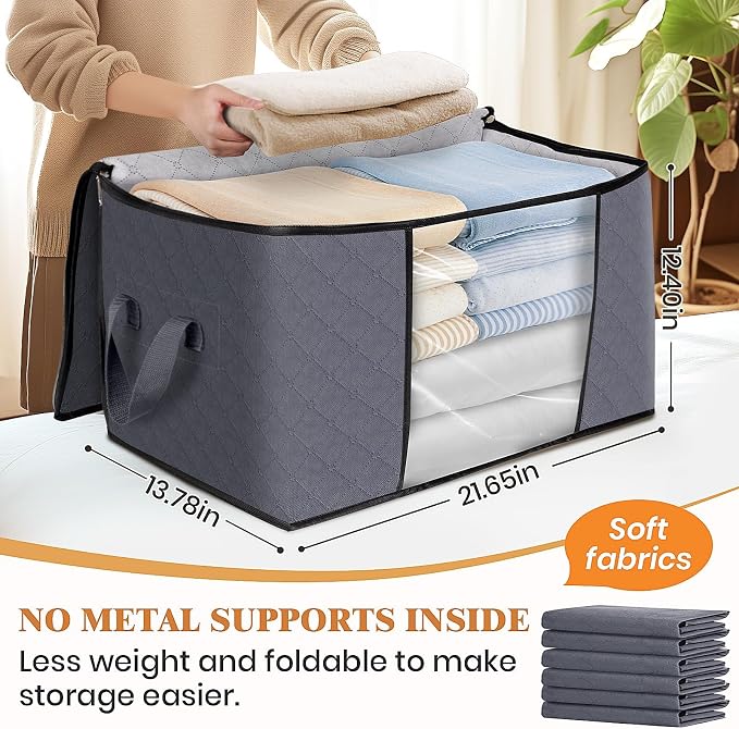 6 Pack Storage Bags for Clothes Blanket Storage Bins with Lids | Foldable Closet Organizers with Zippers,Window and Handles,Fabric Storage Bins for Sweater,Comforter,Bedding,Dorm essentials - Image 2
