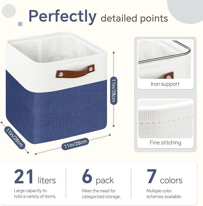 FinishingBo 11 inch Cube Storage Bin 6 Pack, Cube Organizer Bins | Fabric Storage Bins With Handles, 11x11 Storage Cubes, Shelf Basket, White/ Blue - Image 4