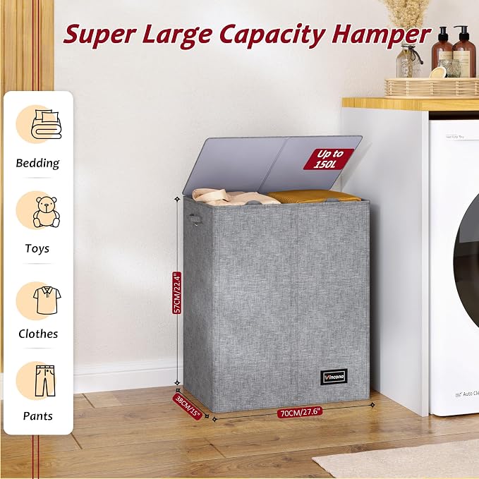 150L Laundry Hamper 2 Section, Large Laundry Hamper with Lid, Dirty Clothes Hamper with 2 Removable Inner Bags, Collapsible Laundry Basket Organizer for for Clothes Toys Towels, Hamper 2 Compartment - Image 2
