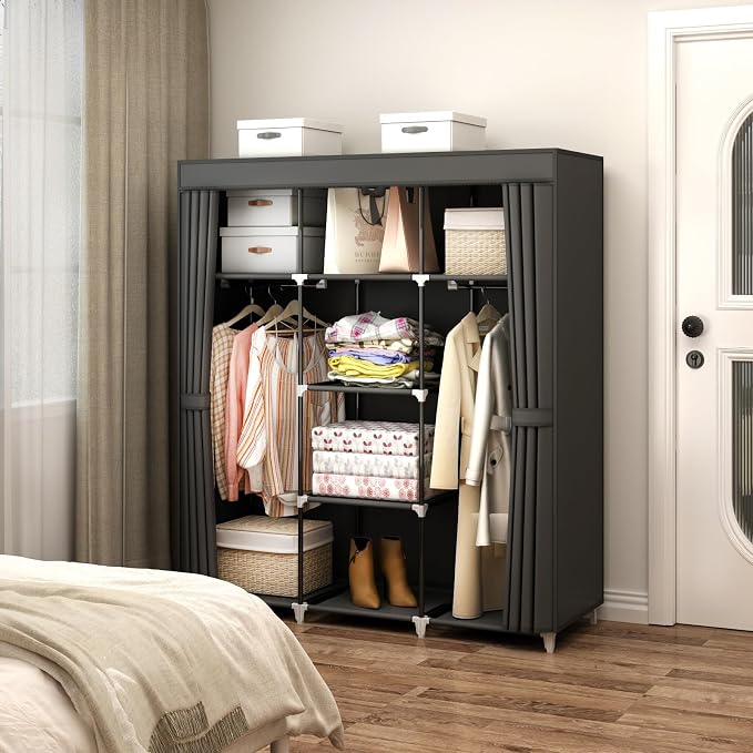 51" Portable Wardrobe Closet, Clothes Organizer, 8 Shelves 2 Rods, Black - Image 3