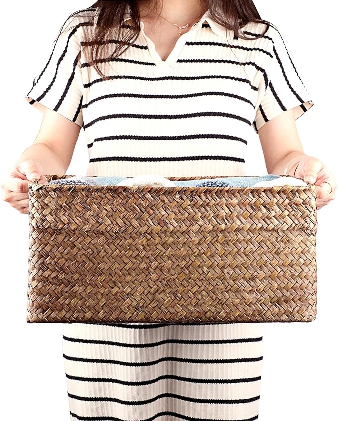 Hipiwe Seagrass Storage Baskets Bin for Shelf, X-Large Woven Wicker Basket | Rectangular Bathroom Baskets Organizer Built-in Handles, Multipurpose Storage Basket Bin, 16.1"L x11.8"W x7.7"H - Image 3