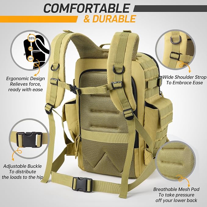 SHARKMOUTH Military Diaper Bag for Baby - Large Baby Backpack with Changing Pad for Boy Girl - Army Dad Diaper Bag for Hiking Travel Camping Trips Tan - Image 2