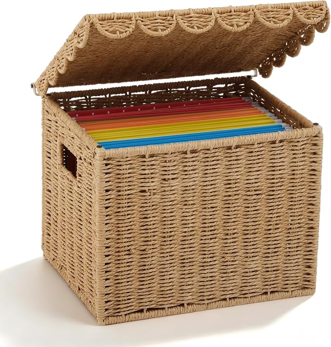 Jingmore File Organizer Box with Scalloped Lid, Paper Rope, Dark Brown | Portable Storage Box Collapsible Letter Hanging Filing Organizer Basket for Office/home, Woven Wicker Decorative Document Box by Jingmore