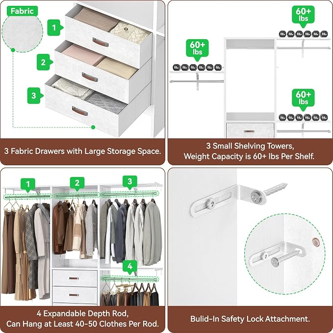 5FT Small Closet System with 3 Fabric Drawers, 60 Inches Walk In Closet Organizer System With 3 Adjustable Shelves, Heavy Duty Clothes Rack Built-In Garment Rack, 59" L x 16" W x 71" H, White - Image 5