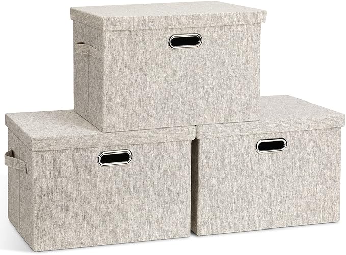 Graciadeco Large Quart Collapsible Stackable Storage Bins with Lids, 3 Packs Beige Linen Fabric Closet Boxes with Lids, Storage Cube Baskets Container Organizers for Bedroom Office(16.6 x 11.7 x 10.8) | 36 Quart 3 Pack Beige Collapsible Stackable Linen... by GraciadecoStorage