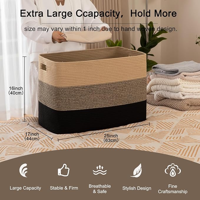OIAHOMY 118L Extra Large Blanket Basket, Rectangle Woven Cotton Rope Storage Basket,Used for storing Dirty Clothes, Stuffed Animal Toy Storage for Living Room,Kids Room,25" x 17" x 16", Brown Black - Image 2