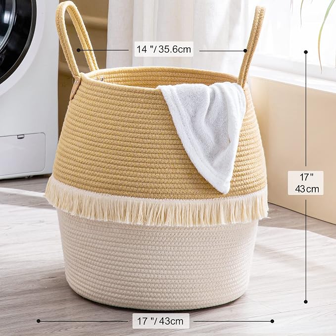 KAKAMAY Woven Baskets for Storage(17"x17"),Large Cotton Rope Woven Baby Laundry Hamper,Collapsible Laundry Basket, Blanket Basket for Organizing Living Room,Nursery,Pillows,Toy Chest(Beige) - Image 6