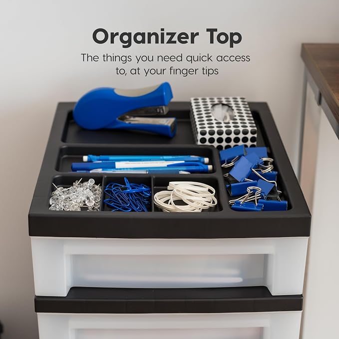 IRIS USA 4-Drawer Rolling Storage Cart with Organizer Top, Black/Pearl | Keep classroom supplies, teacher essentials, craft materials, and learning tools organized with easy-access drawers. - Image 5